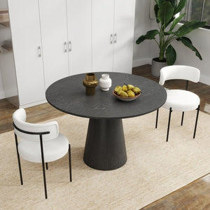 English Elm Corff Round Pedestal Dining Set with Boucle Upholstered Chairs for Modern Rooms Black, White T2574S00295