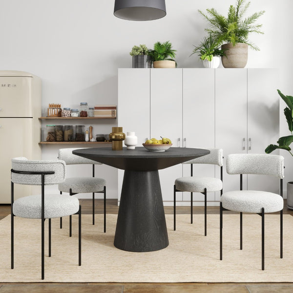 English Elm Corff Round Pedestal Dining Set Seating Four with Boucle Upholstered Chairs Ebony Black, Grey+White T2574S00296