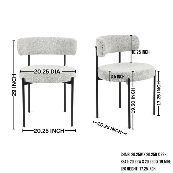 English Elm Corff Round Pedestal Dining Set Seating Four with Boucle Upholstered Chairs Ebony Black, Grey+White T2574S00296