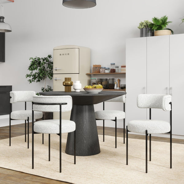 English Elm Corff Round Pedestal Dining Set Seating Four with Boucle Upholstered Chairs Ebony Black, Grey+White T2574S00296