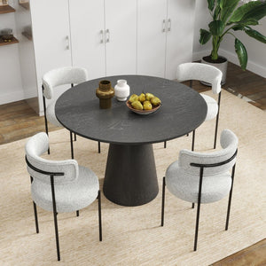English Elm Corff Round Pedestal Dining Set Seating Four with Boucle Upholstered Chairs Ebony Black, Grey+White T2574S00296