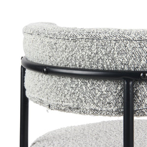English Elm Corff Round Pedestal Dining Set Seating Four with Boucle Upholstered Chairs Ebony Black, Grey+White T2574S00296
