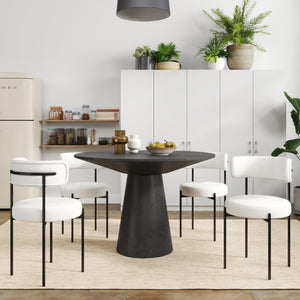 English Elm Corff Round Pedestal Dining Set Seating Four with Boucle Upholstered Chairs Ebony Black, White T2574S00297