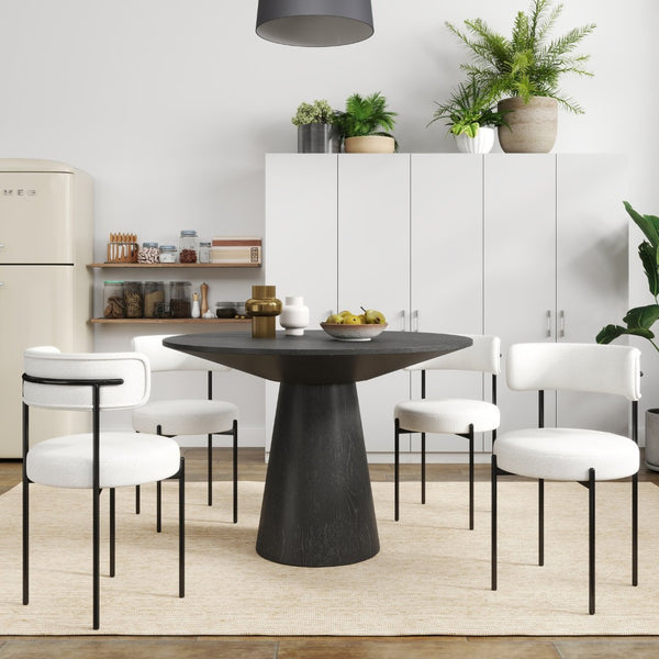 English Elm Corff Round Pedestal Dining Set Seating Four with Boucle Upholstered Chairs Ebony Black, White T2574S00297