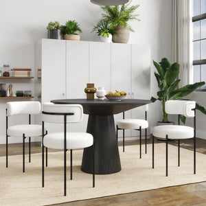 English Elm Corff Round Pedestal Dining Set Seating Four with Boucle Upholstered Chairs Ebony Black, White T2574S00297