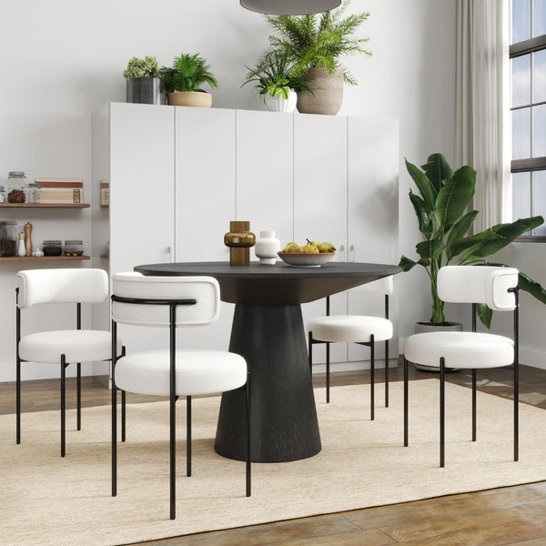 English Elm Corff Round Pedestal Dining Set Seating Four with Boucle Upholstered Chairs Ebony Black, White T2574S00297