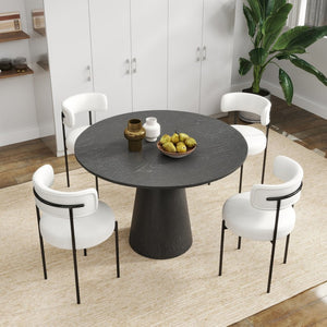 English Elm Corff Round Pedestal Dining Set Seating Four with Boucle Upholstered Chairs Ebony Black, White T2574S00297