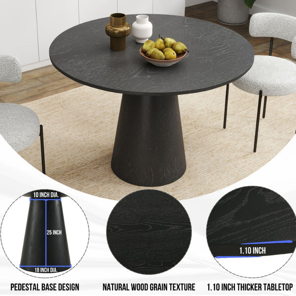 English Elm Corff Round Pedestal Dining Set Seating Four with Boucle Upholstered Chairs Ebony Black, White T2574S00297