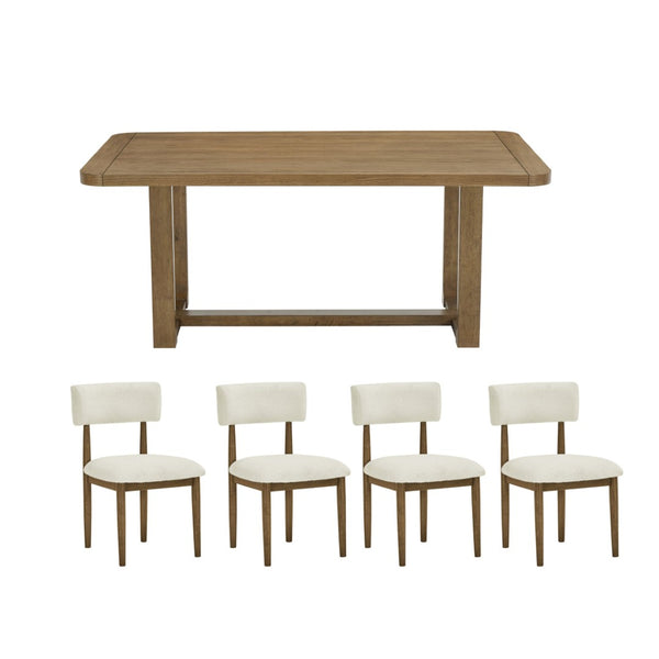 English Elm Andus Trestle Dining Set Seats Four with Oak Veneer Table and Upholstered Curved Chairs T2574S00298