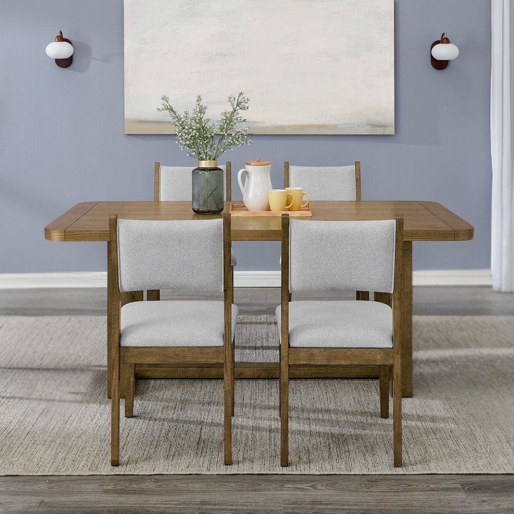 English Elm Parker Trestle Dining Set Seats Four with Oak Veneer Table and Upholstered Side Chairs T2574S00299