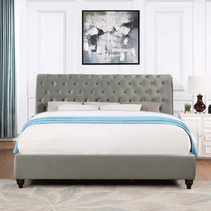 English Elm Cerderia Gray Velvet Sleigh Bed Tufted Scrolled Headboard with Nailhead Trim Detail T2574S00307