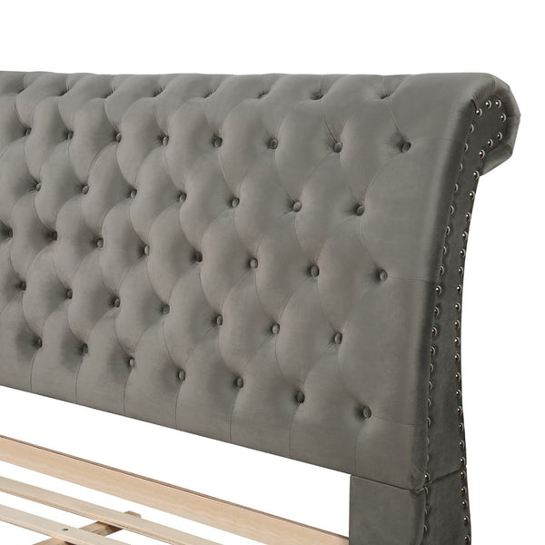 English Elm Cerderia Gray Velvet Sleigh Bed Tufted Scrolled Headboard with Nailhead Trim Detail T2574S00307