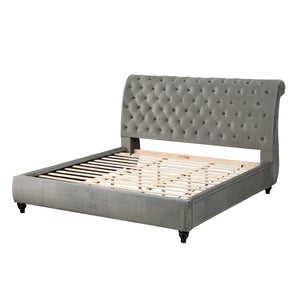 English Elm Cerderia Gray Velvet Sleigh Bed Tufted Scrolled Headboard with Nailhead Trim Detail T2574S00307
