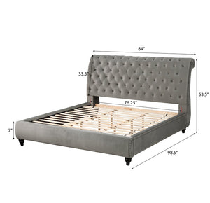 English Elm Cerderia Gray Velvet Sleigh Bed Tufted Scrolled Headboard with Nailhead Trim Detail T2574S00307
