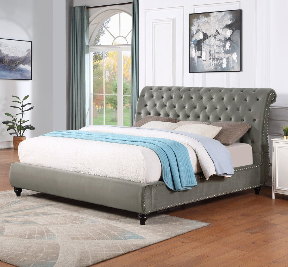 English Elm Cerderia Gray Velvet Sleigh Bed with Button Tufting and Nailhead Trim Detailing T2574S00308