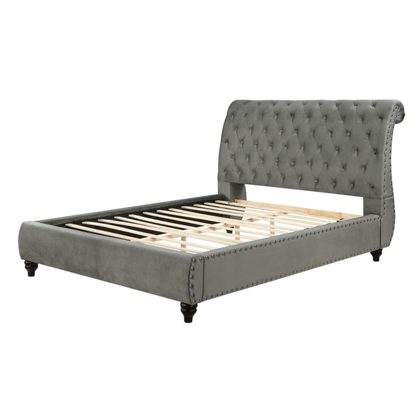 English Elm Cerderia Gray Velvet Sleigh Bed with Button Tufting and Nailhead Trim Detailing T2574S00308