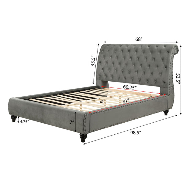 English Elm Cerderia Gray Velvet Sleigh Bed with Button Tufting and Nailhead Trim Detailing T2574S00308