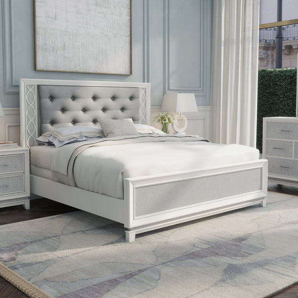 English Elm Galaxy Tufted Silver Fabric King Bed with Led Lighting and Pearlized White Frame T2574S00309