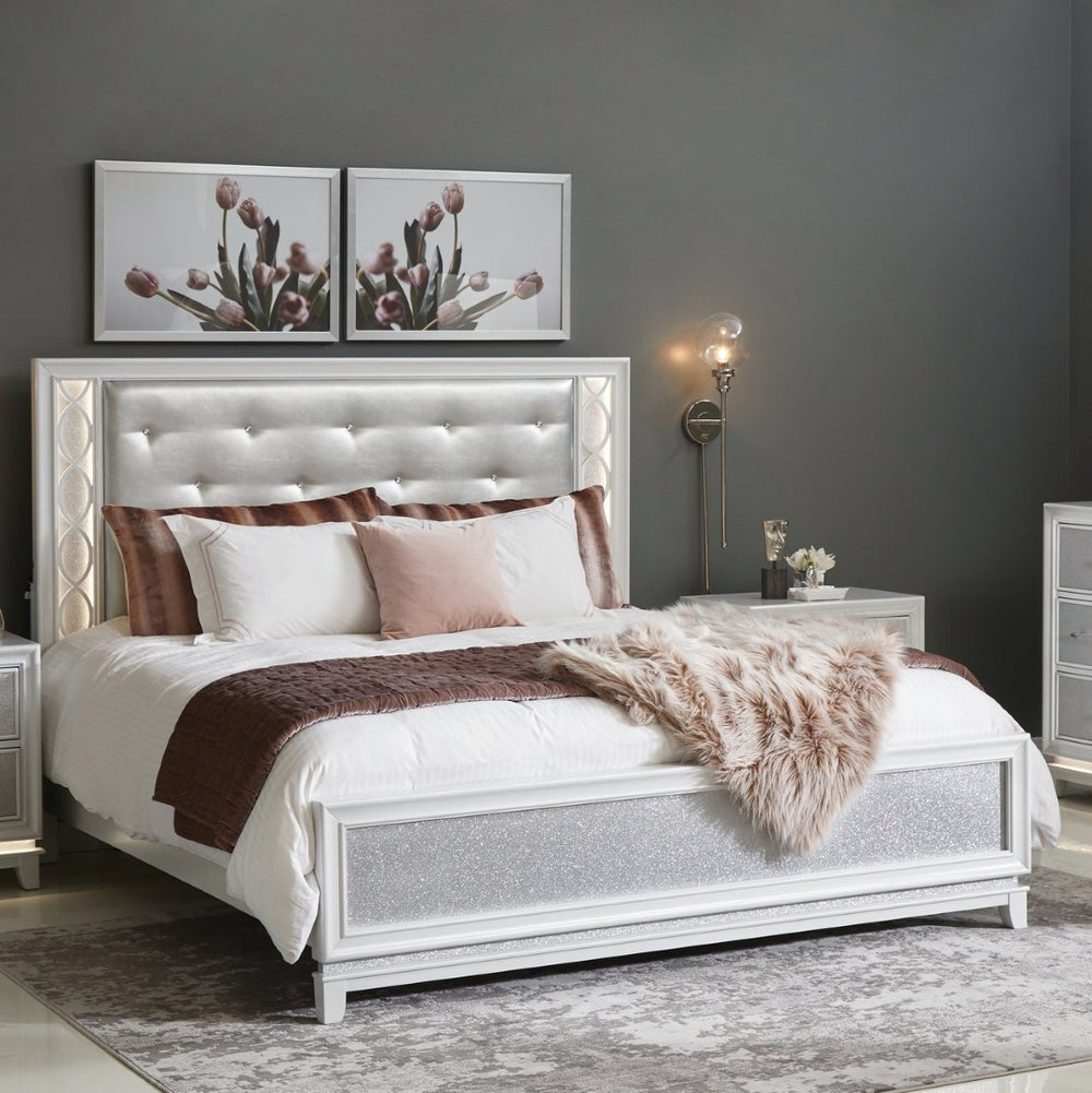 English Elm Galaxy Tufted Silver Fabric King Bed with Led Lighting and Pearlized White Frame T2574S00309