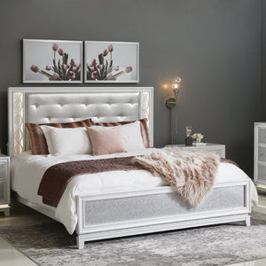 English Elm Galaxy Tufted Silver Fabric King Bed with Led Lighting and Pearlized White Frame T2574S00309