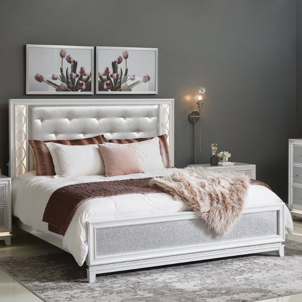 English Elm Galaxy Tufted Silver Fabric King Bed with Led Lighting and Pearlized White Frame T2574S00309