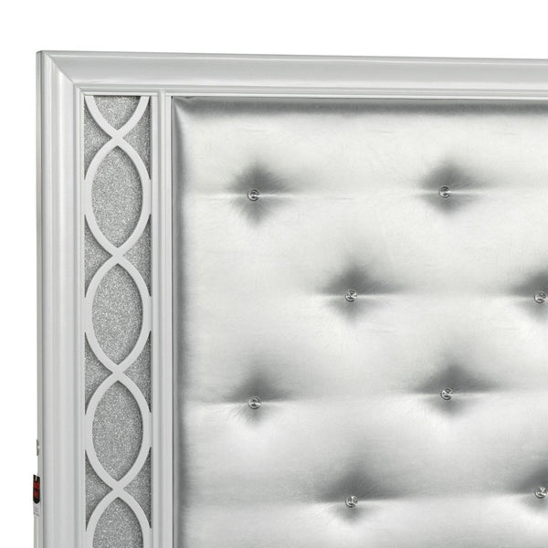 English Elm Galaxy Tufted Silver Fabric King Bed with Led Lighting and Pearlized White Frame T2574S00309