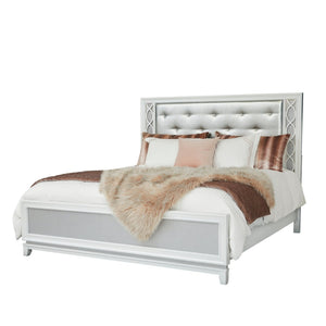English Elm Galaxy Tufted Silver Fabric King Bed with Led Lighting and Pearlized White Frame T2574S00309