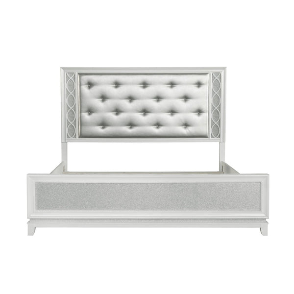 English Elm Galaxy Tufted Silver Fabric King Bed with Led Lighting and Pearlized White Frame T2574S00309