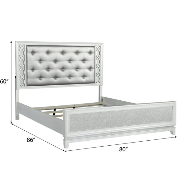 English Elm Galaxy Tufted Silver Fabric King Bed with Led Lighting and Pearlized White Frame T2574S00309