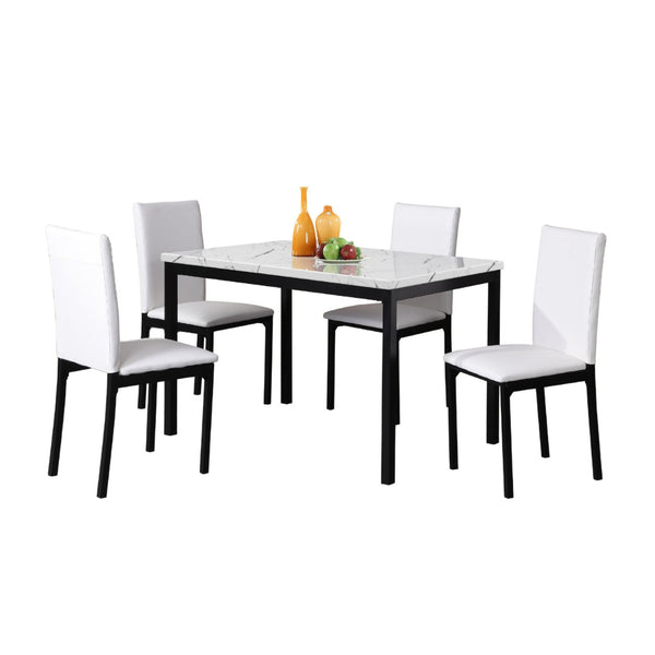 English Elm Citico 5 Piece Metal Dining Set Faux Marble Table Vinyl Upholstered Cafe Chairs White T2574S00311