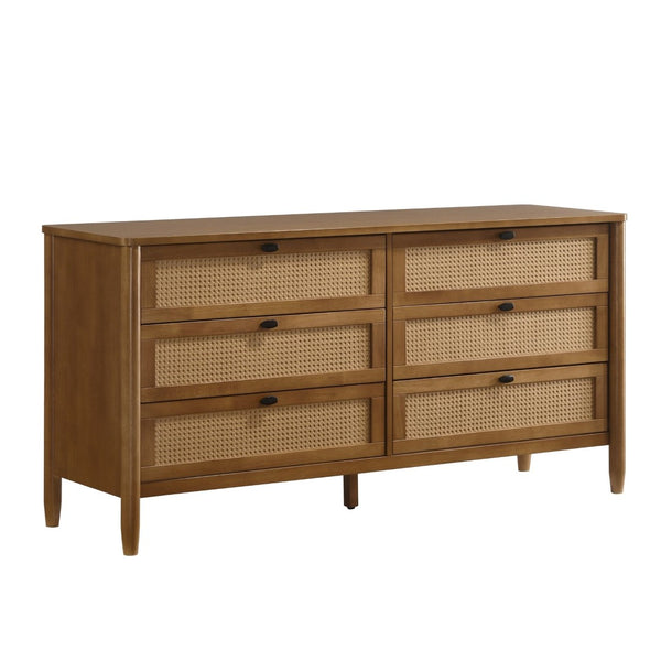 English Elm Vichy Rattan Front Six Drawer Dresser with Mirror Walnut Finish Bedroom Storage T2574S00313