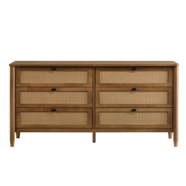 English Elm Vichy Rattan Front Six Drawer Dresser with Mirror Walnut Finish Bedroom Storage T2574S00313
