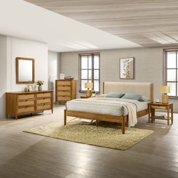 English Elm Vichy Queen Bedroom Set Rattan Drawer Fronts Rubberwood and Walnut Finish Six Piece T2574S00314