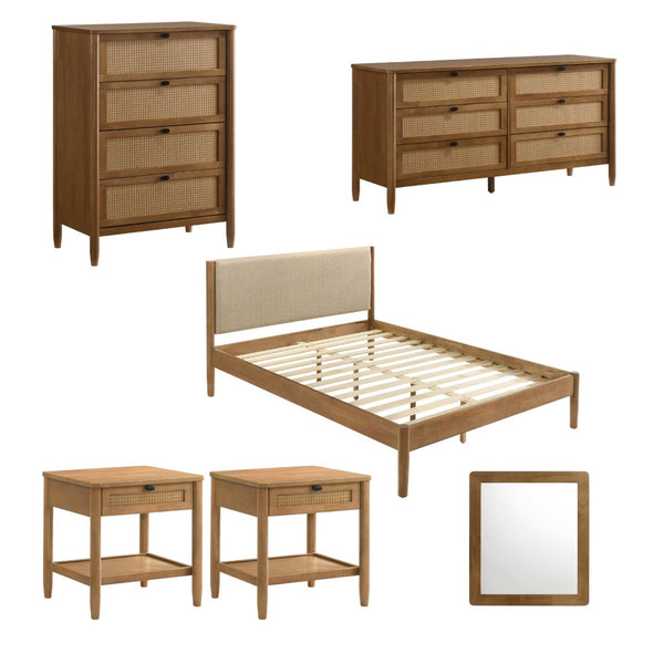 English Elm Vichy Queen Bedroom Set Rattan Drawer Fronts Rubberwood and Walnut Finish Six Piece T2574S00314