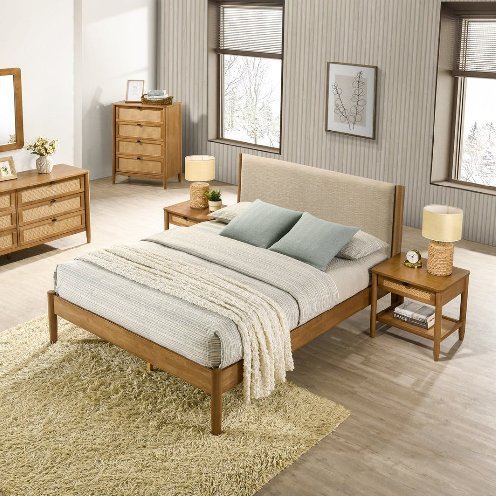 English Elm Vichy Queen Bedroom Set Rattan Drawer Fronts Rubberwood and Walnut Finish Six Piece T2574S00314