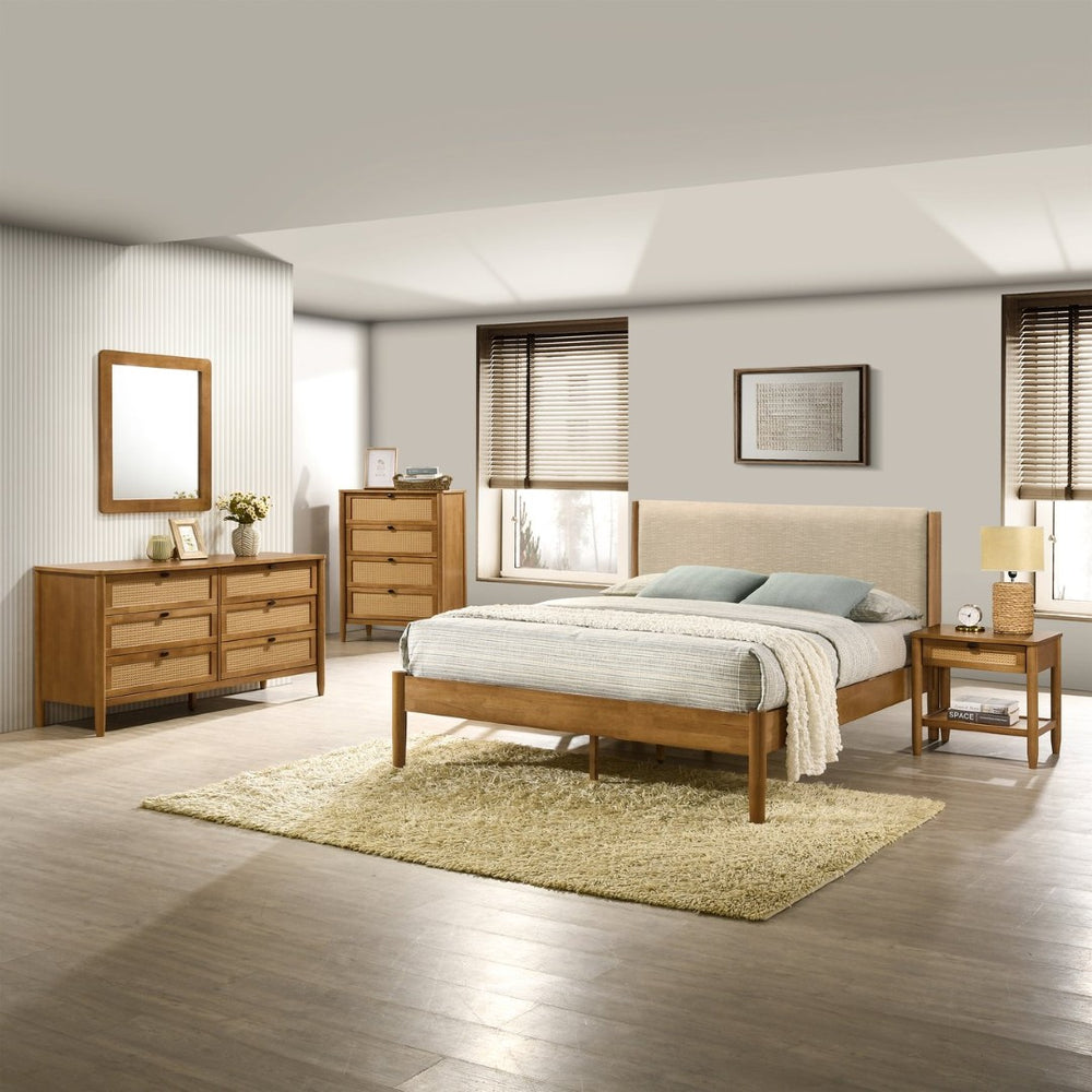 English Elm Vichy Queen Bedroom Set Rubberwood Rattan Drawers Walnut Finish Mid-century 5 Piece T2574S00315