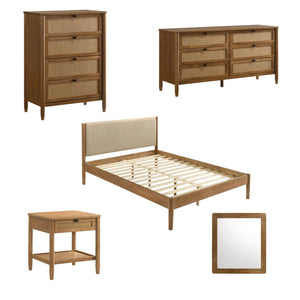 English Elm Vichy Queen Bedroom Set Rubberwood Rattan Drawers Walnut Finish Mid-century 5 Piece T2574S00315