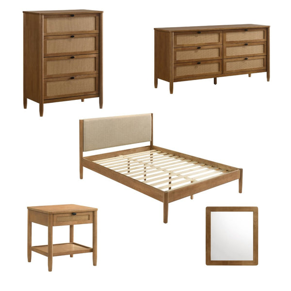 English Elm Vichy Queen Bedroom Set Rubberwood Rattan Drawers Walnut Finish Mid-century 5 Piece T2574S00315
