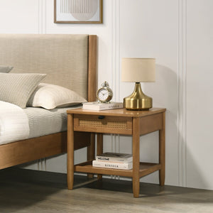 English Elm Vichy Queen Bedroom Set Rubberwood Rattan Drawers Walnut Finish Mid-century 5 Piece T2574S00315