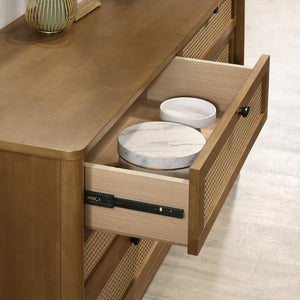 English Elm Vichy Queen Bedroom Set Rubberwood Rattan Drawers Walnut Finish Mid-century 5 Piece T2574S00315