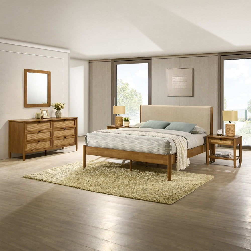 English Elm Vichy Queen Platform Bedroom Set Rattan Fronts Walnut Finish Mid-century 5 Piece T2574S00316