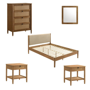 English Elm Vichy Queen Platform Bedroom Set Rattan Fronts Walnut Finish Mid-century 5 Piece T2574S00316