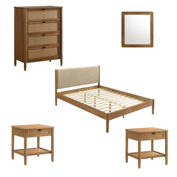 English Elm Vichy Queen Platform Bedroom Set Rattan Fronts Walnut Finish Mid-century 5 Piece T2574S00316