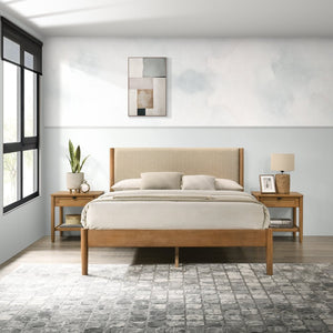 English Elm Vichy Queen Platform Bedroom Set Rattan Fronts Walnut Finish Mid-century 5 Piece T2574S00316
