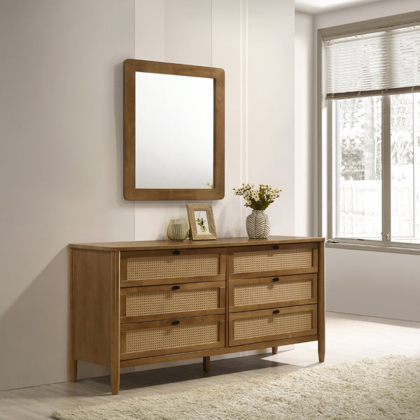 English Elm Vichy Queen Platform Bedroom Set Rattan Fronts Walnut Finish Mid-century 5 Piece T2574S00316