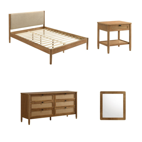 English Elm Vichy Queen Bedroom Set Rubberwood Rattan Drawer Fronts Walnut Organic Modern Style T2574S00317