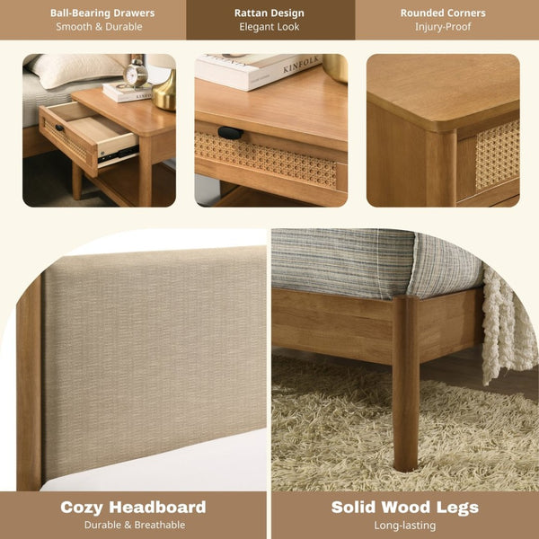 English Elm Vichy Queen Bedroom Set Rubberwood Rattan Drawer Fronts Walnut Organic Modern Style T2574S00317