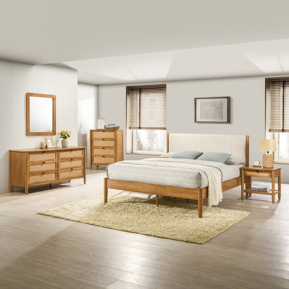 English Elm Vichy Queen Bedroom Set Rattan Fronts Corduroy Headboard Walnut Finish 5 Piece T2574S00319