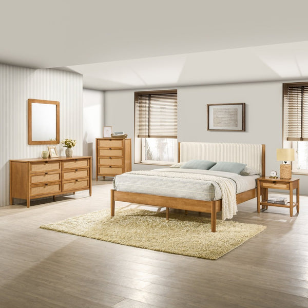 English Elm Vichy Queen Bedroom Set Rattan Fronts Corduroy Headboard Walnut Finish 5 Piece T2574S00319