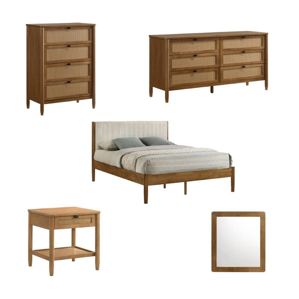 English Elm Vichy Queen Bedroom Set Rattan Fronts Corduroy Headboard Walnut Finish 5 Piece T2574S00319